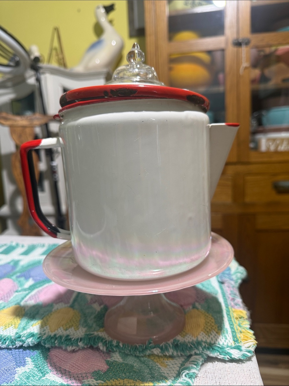 vintage white with red trim enamelware coffee percolator